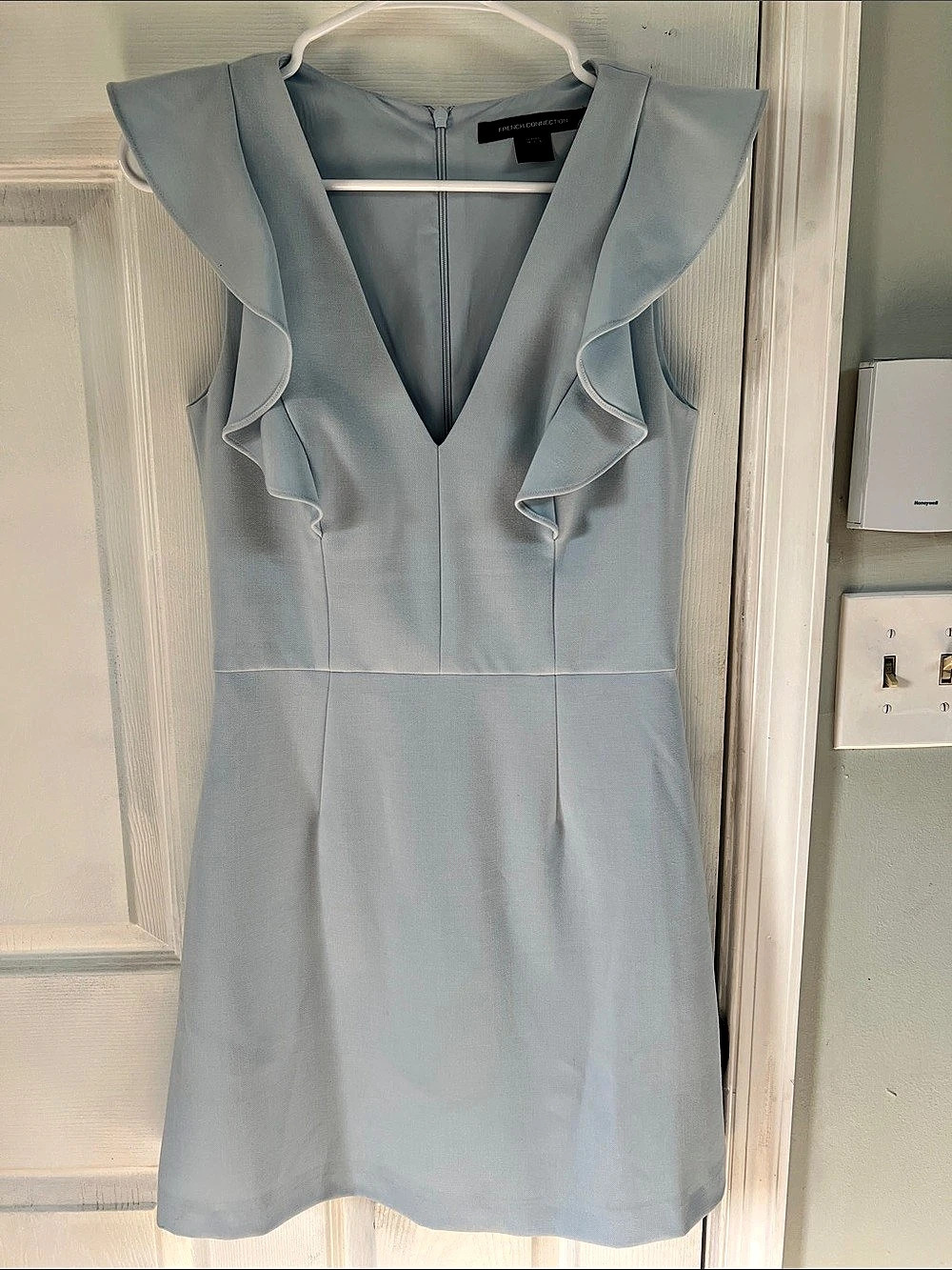 French Connection Whisper Ruffle V-Neck Mini Dress Blue